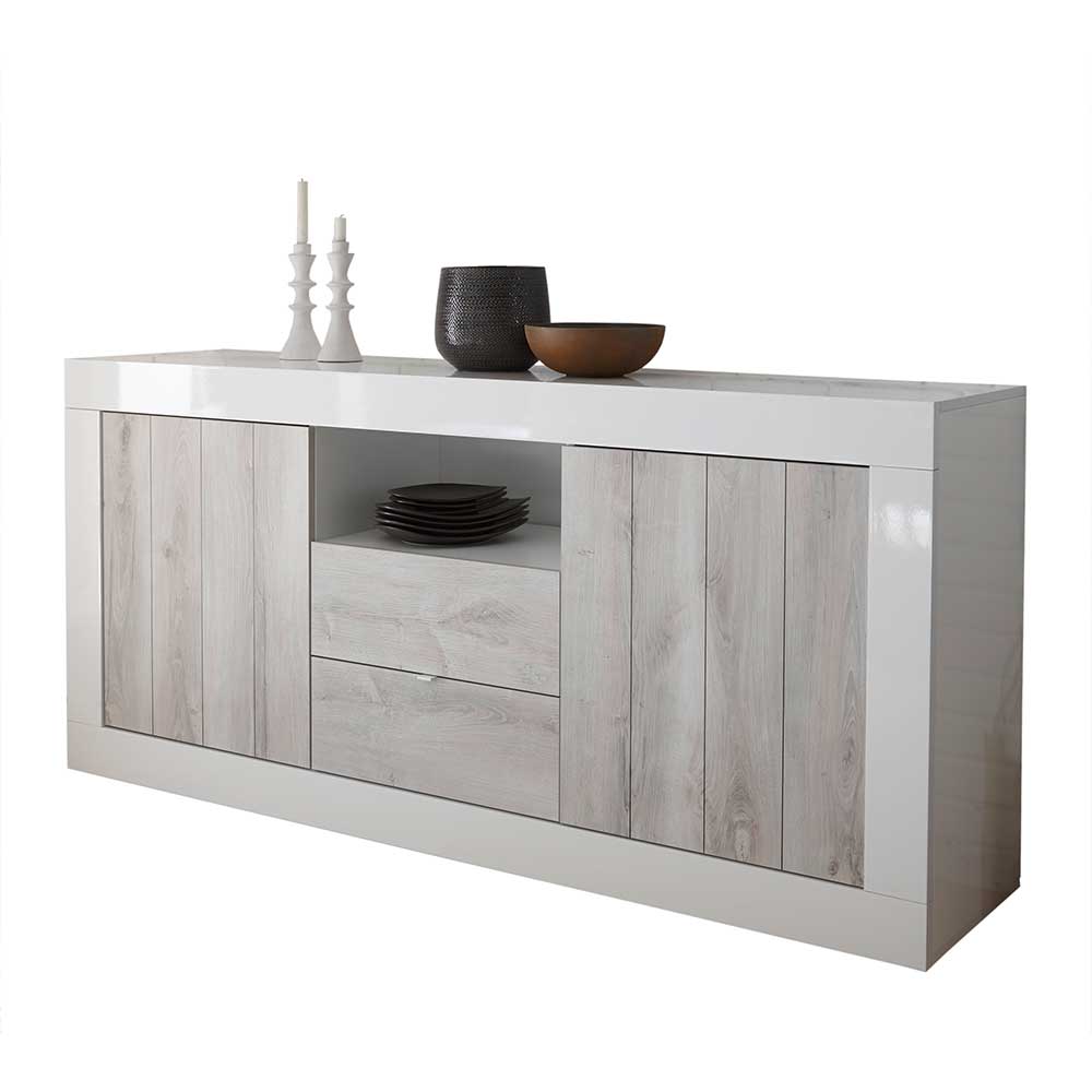 Küchensideboard Denezia in Weiß Hochglanz und Pinie Dekor modern