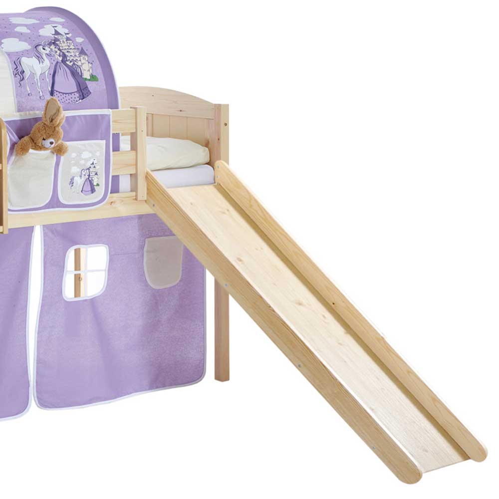 Kinderzimmer Bett Trasgona aus Kiefer Massivholz und Webstoff in Lila und Beige