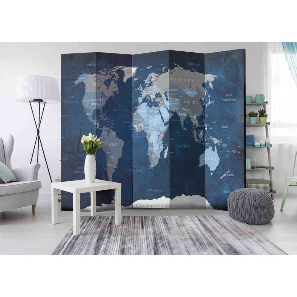 Paravent Raumteiler Blacky mit Weltkarte in Blau und Grau