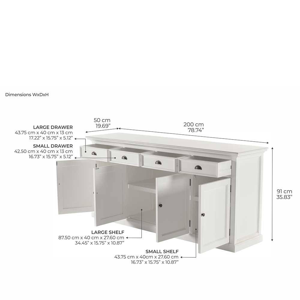 Weißes Sideboard Montea im Landhausstil mit vier Schubladen und Türen