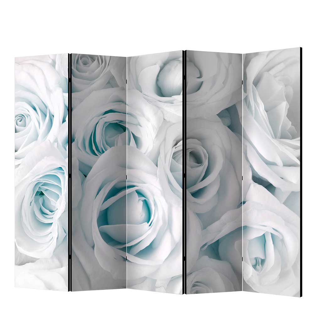 Paravent Blumen Lejandro in Hellblau und Weiß mit Rosen Motiv