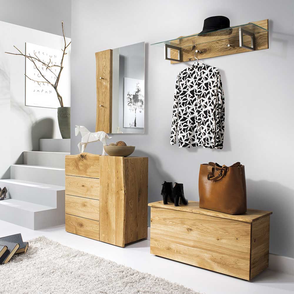 Design Garderobenmöbel Set Foresta mit Baumkante aus Eiche Massivholz (vierteilig)