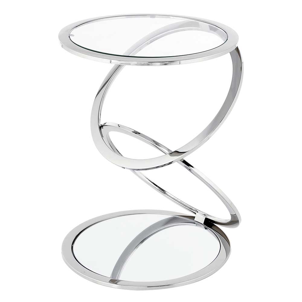 Auffälliger Glastisch Trenda in Silberfarben mit runder Klarglasplatte