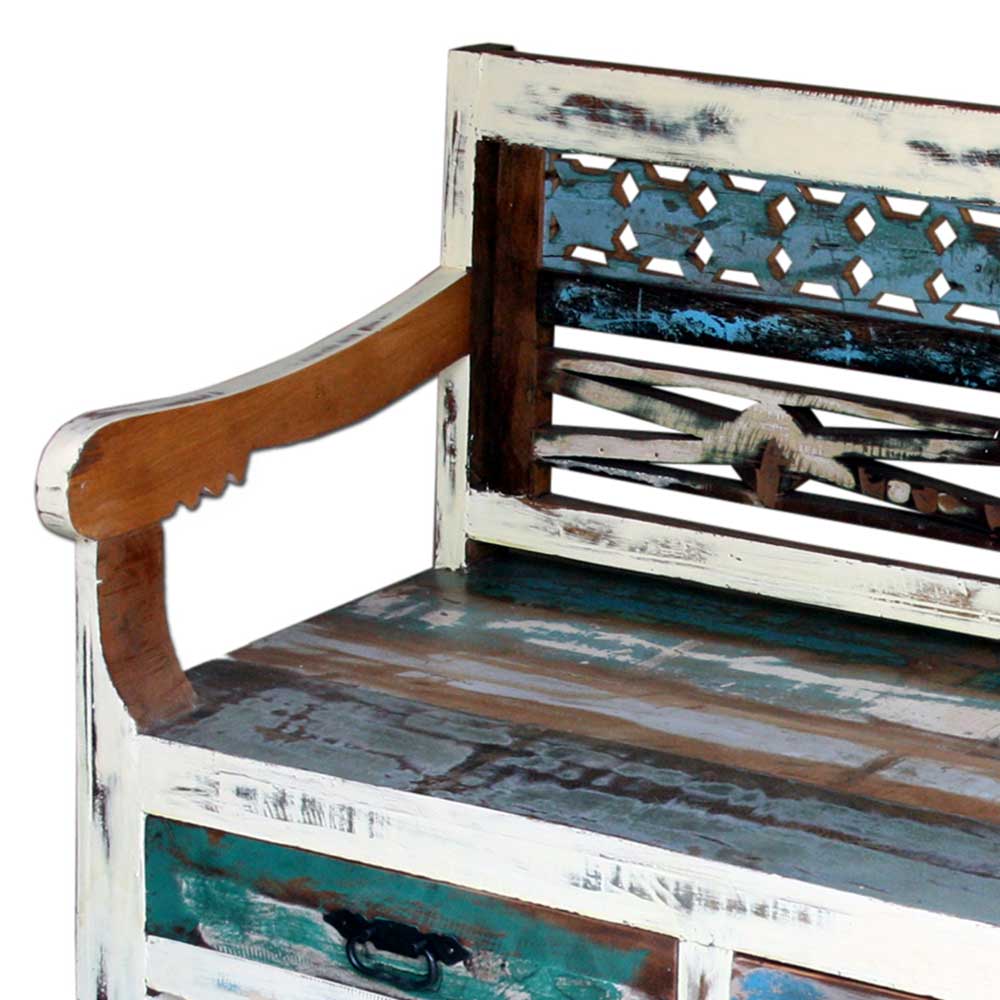 Bunte Sitzbank Tabara aus Massivholz mit Armlehnen und 2 Schubladen