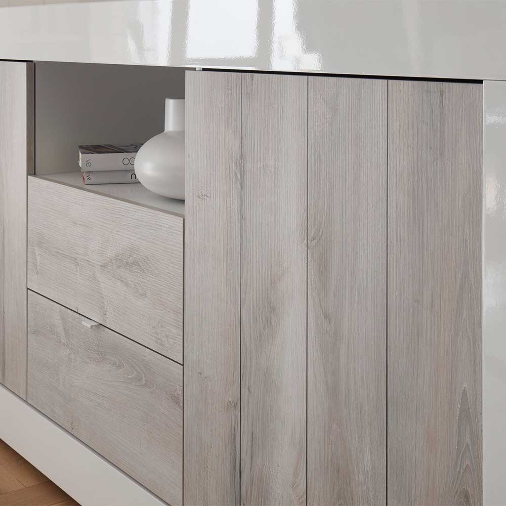 Küchensideboard Denezia in Weiß Hochglanz und Pinie Dekor modern