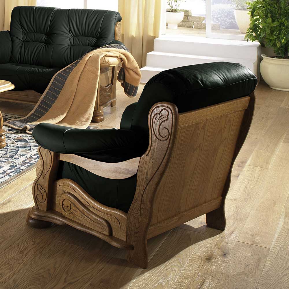 Eiche rustikal Wohnzimmer Sessel Dylanus in Dunkelgrün mit Bezug aus Echtleder