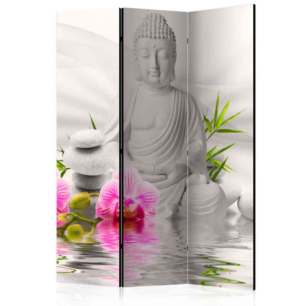 Design Paravent Dosmarin mit Buddha und Blume in Hellgrau und Pink