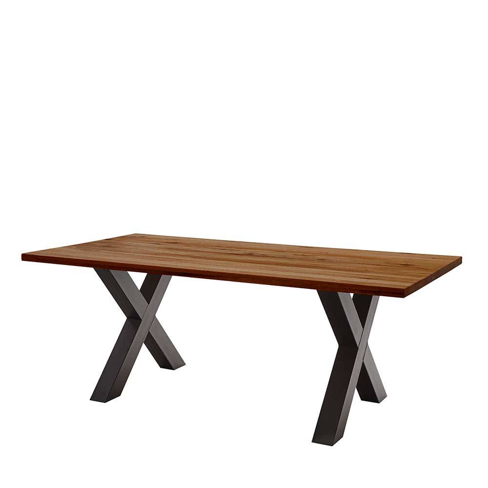 Esszimmer Tisch Jan aus Zerreiche Massivholz braun geölt und Metall Füßen