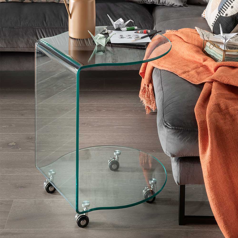 Transparenter Glastisch mit Rollen Clairy 60 cm hoch - modern