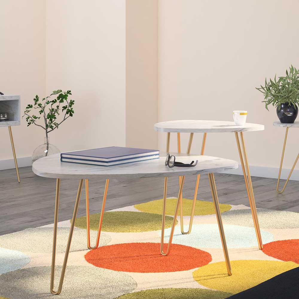 Wohnzimmer Tisch Set Scotia in Weiß und Goldfarben im Retrostil (zweiteilig)