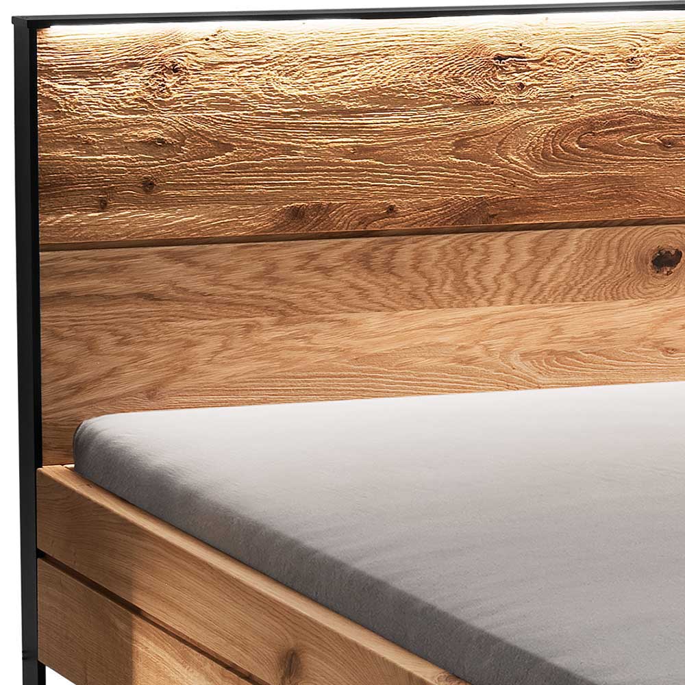 Doppel Bett Wildeiche Scoddo im Industrie und Loft Stil 45 cm Einstiegshöhe