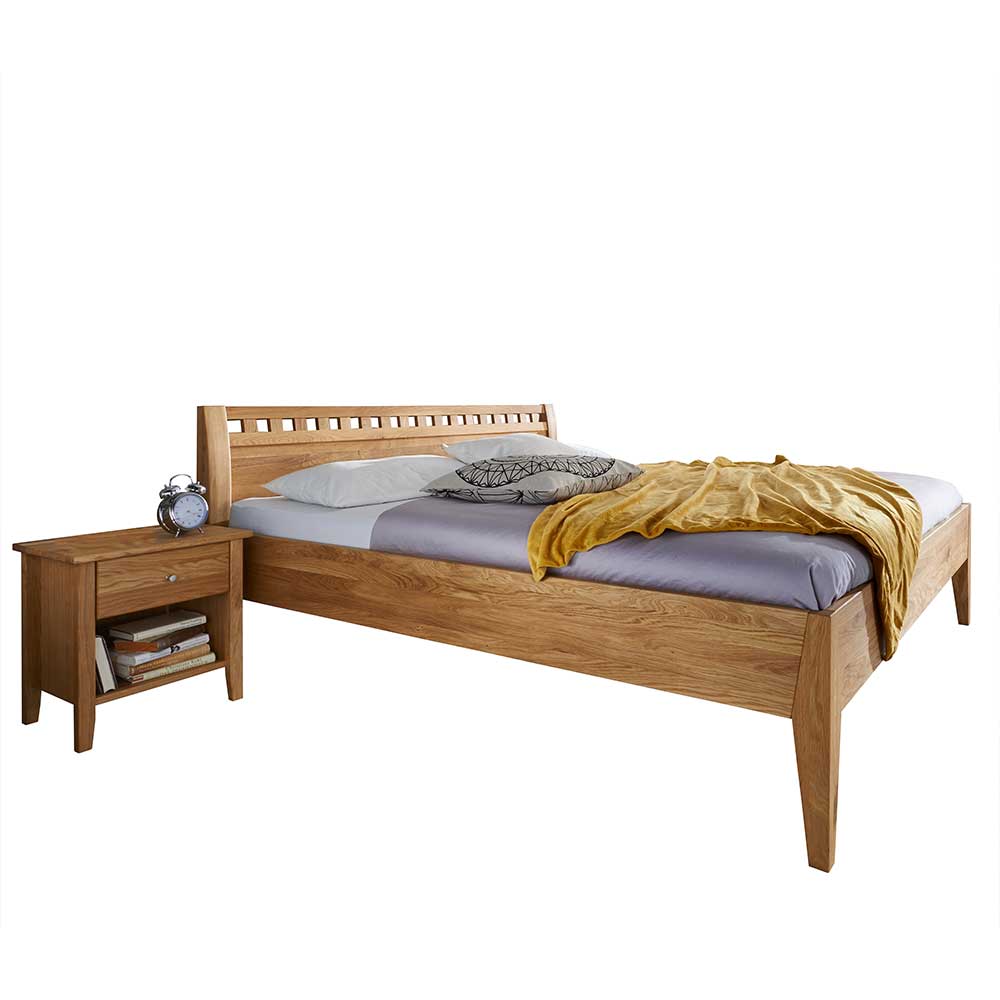Bett mit Nachtkonsolen Jelsica aus Wildeiche Massivholz geölt (zweiteilig)
