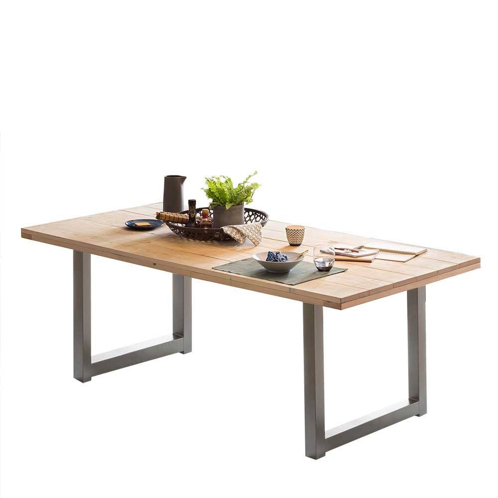 Gerüstholz Tisch Klara mit Bügelgestell aus Metall in Altsilberfarben