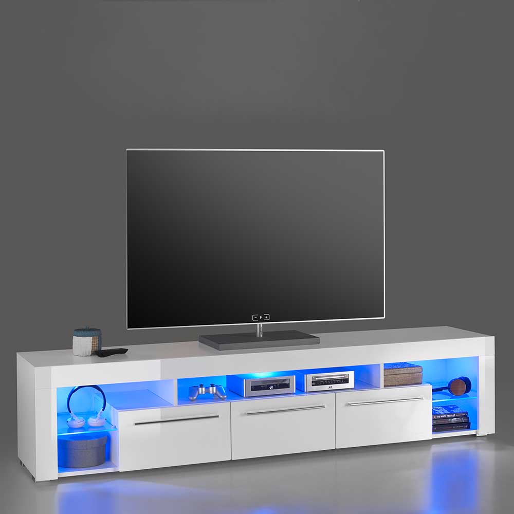 2 Meter TV Lowboard Deda in Weiß Hochglanz mit LED Beleuchtung