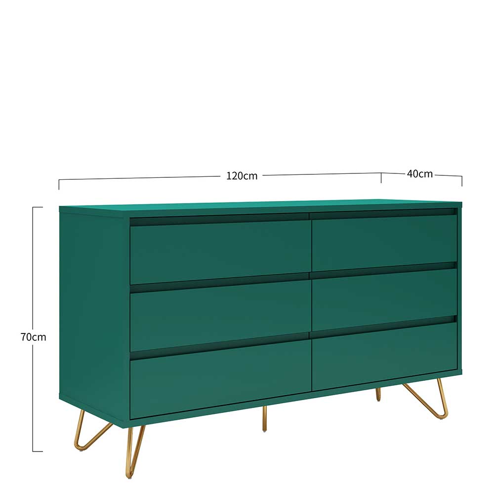 Design Sideboard Draviant in Grün und Goldfarben mit sechs Schubladen