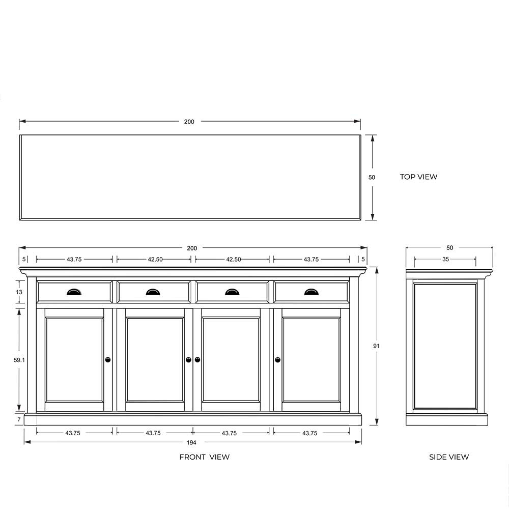 Landhaus Look Sideboard Italcia in Weiß und Schwarz 200 cm breit - 91 cm hoch