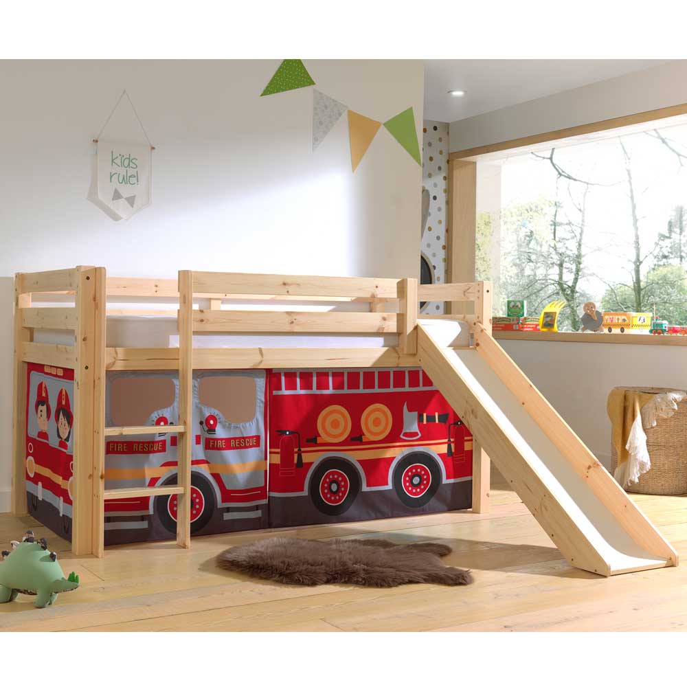 Feuerwehr Kinderbett Yocha mit Vorhang Set und Rutsche