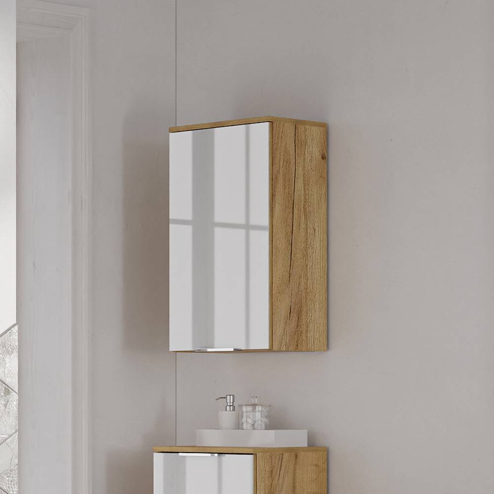 Badezimmerwandschrank Santorin in Weiß glasbeschichtet und Wildeichefarben