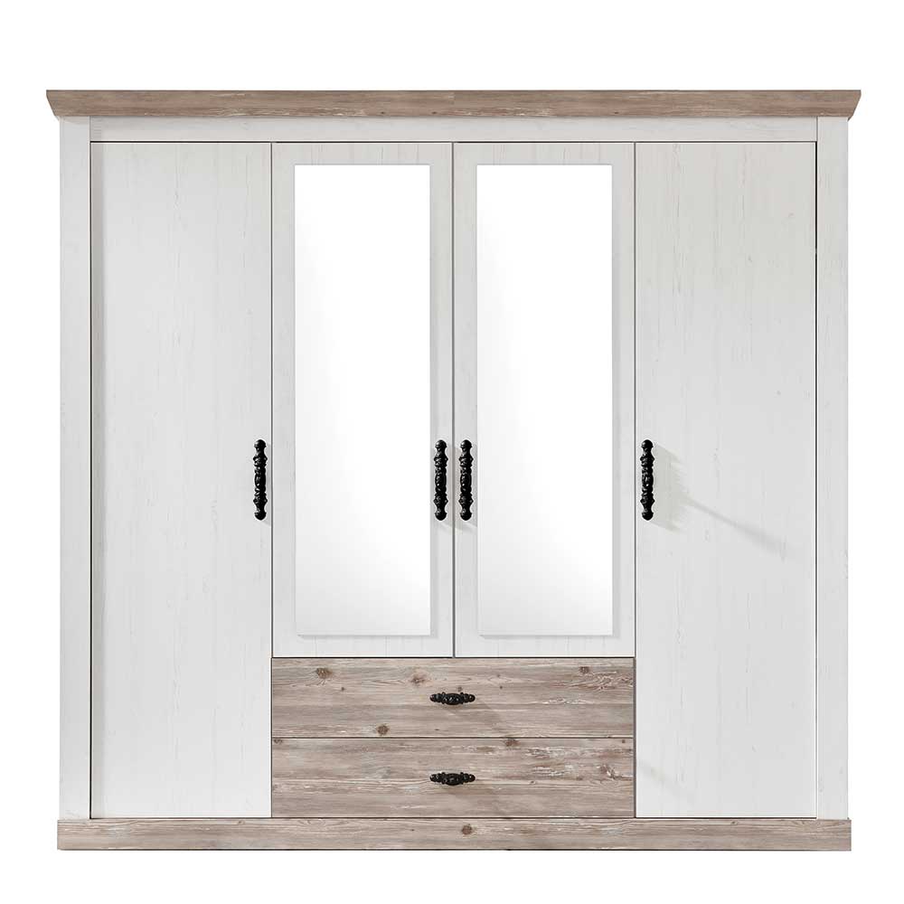 Landhaus Kleiderschrank Flurencina in Weiß und Piniefarben mit Spiegeltüren