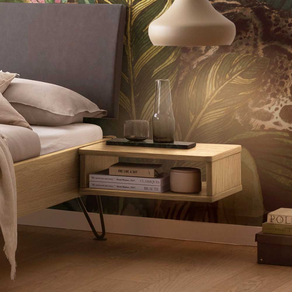 Modernes Doppelbett Wildeiche hell Kedany aus Massivholz und Stahl