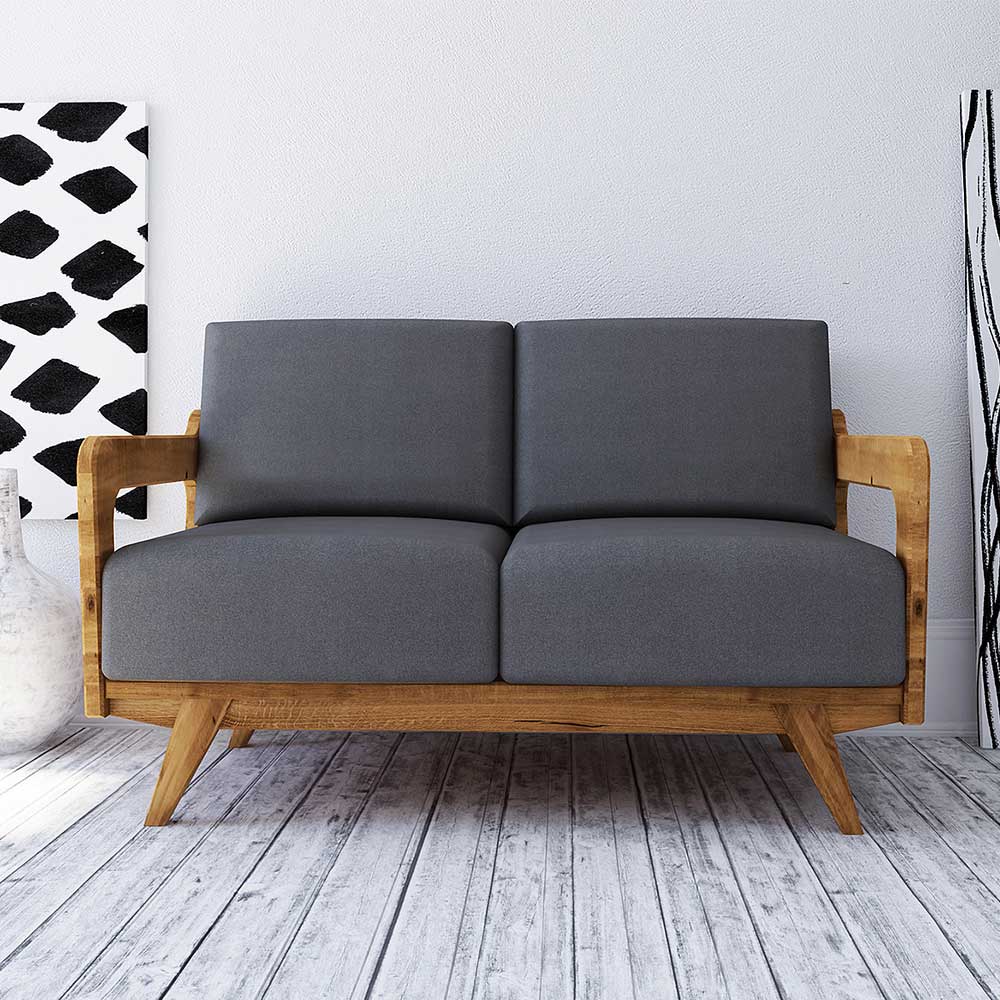 Retro Couch Carilla in Hellgrau Webstoff und Wildeiche Massivholz