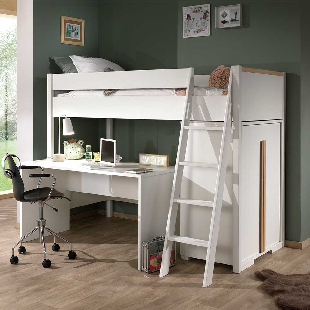 Weißes Hochbett Pengura mit Schreibtisch und Schrank (dreiteilig)