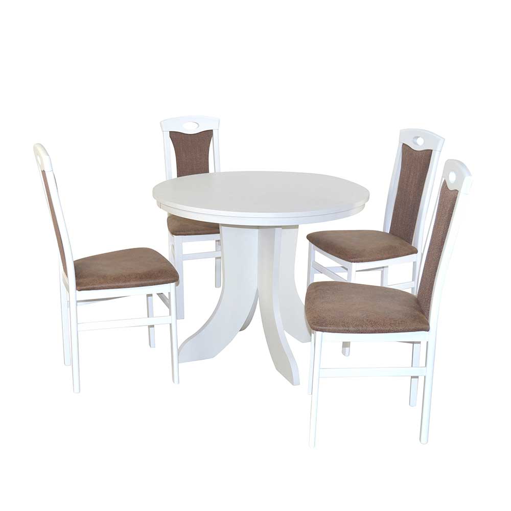 Essplatzgruppe Flower mit vier Stühlen in Weiß und Braun (fünfteilig)