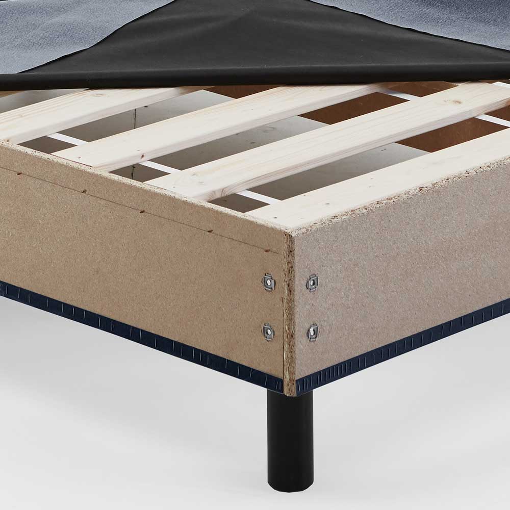 Boxspring Bett ohne Kopfteil Cymba in Blau mit Vierfußgestell aus Holz