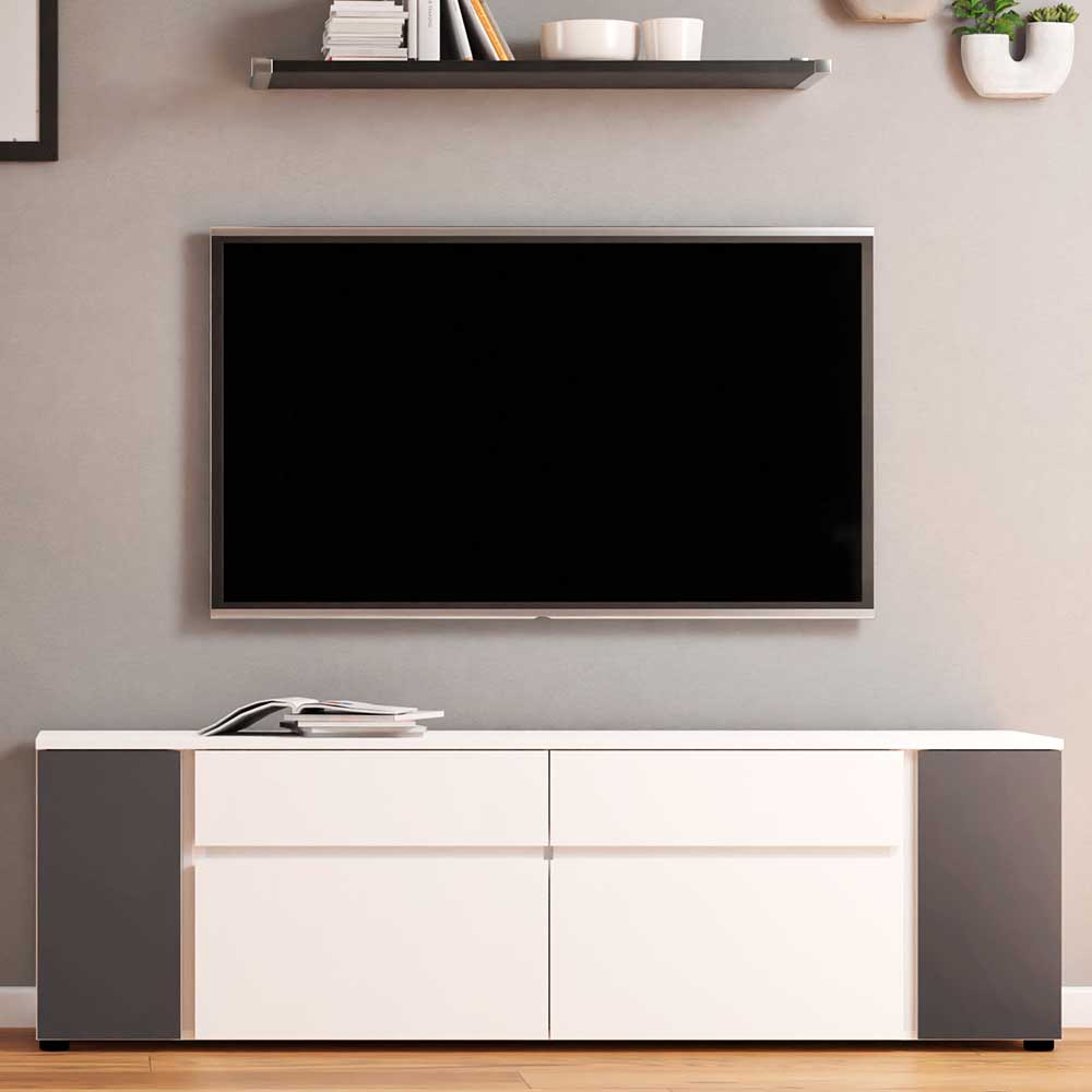 Fernseh Unterschrank Zyrie in Weiß und Anthrazit mit LED Beleuchtung