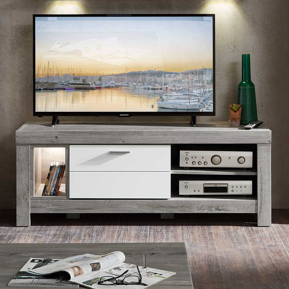 TV Lowboard Vrono in Weiß und Eiche dunkel mit LED Beleuchtung