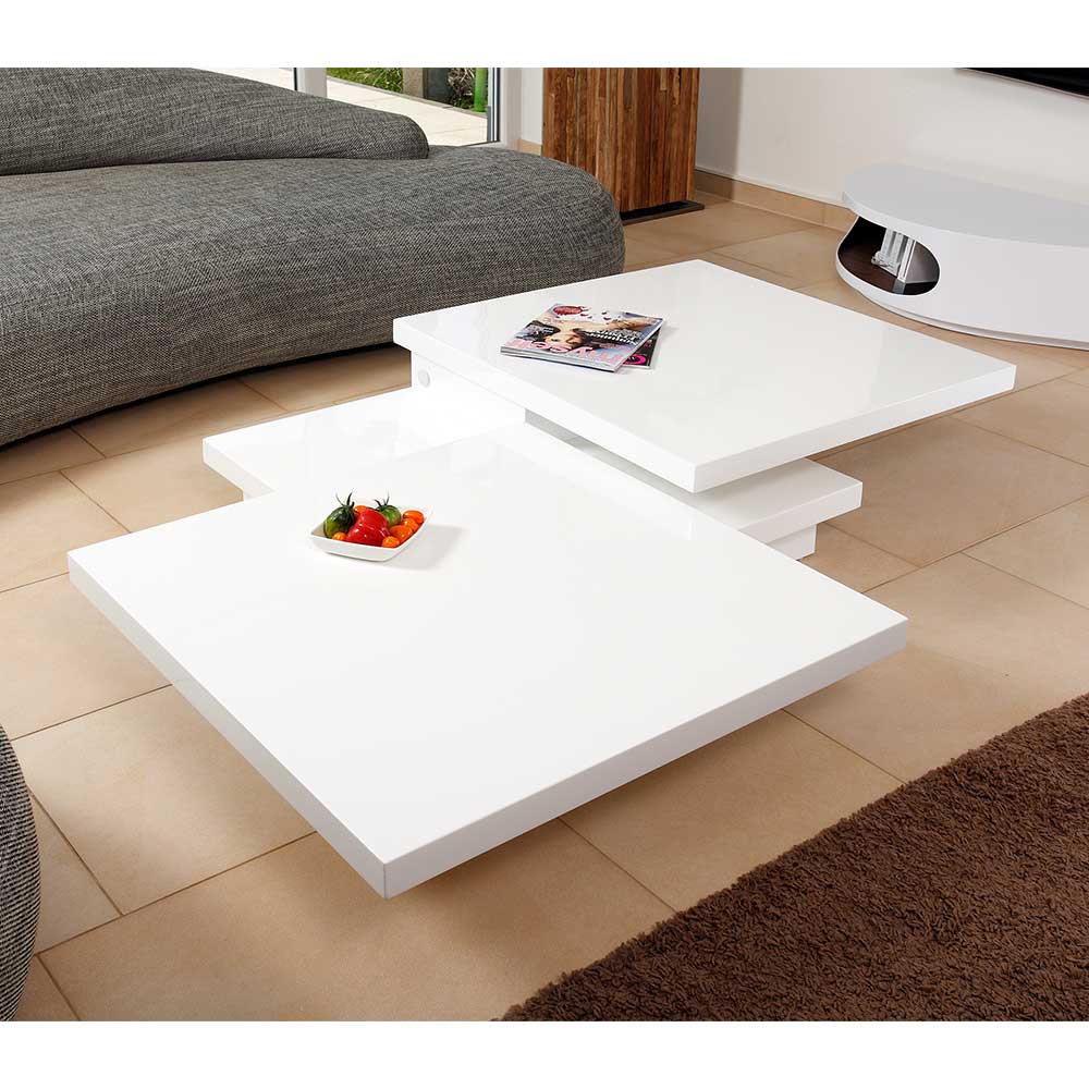Design Sofatisch Orda in Weiß Hochglanz mit zwei drehbaren Tischplatten