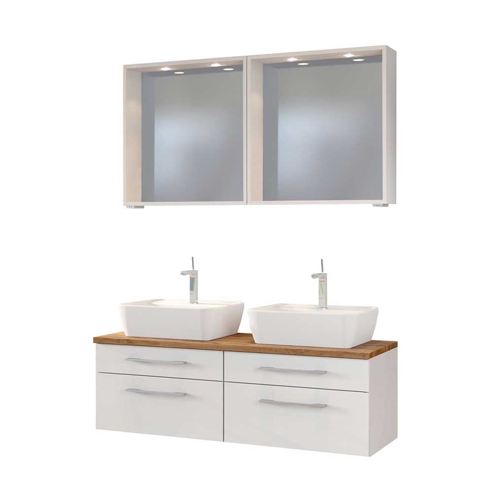 2 Badspiegel und Doppelwaschtisch Tropezia in Weiß mit LED Beleuchtung (dreiteilig)