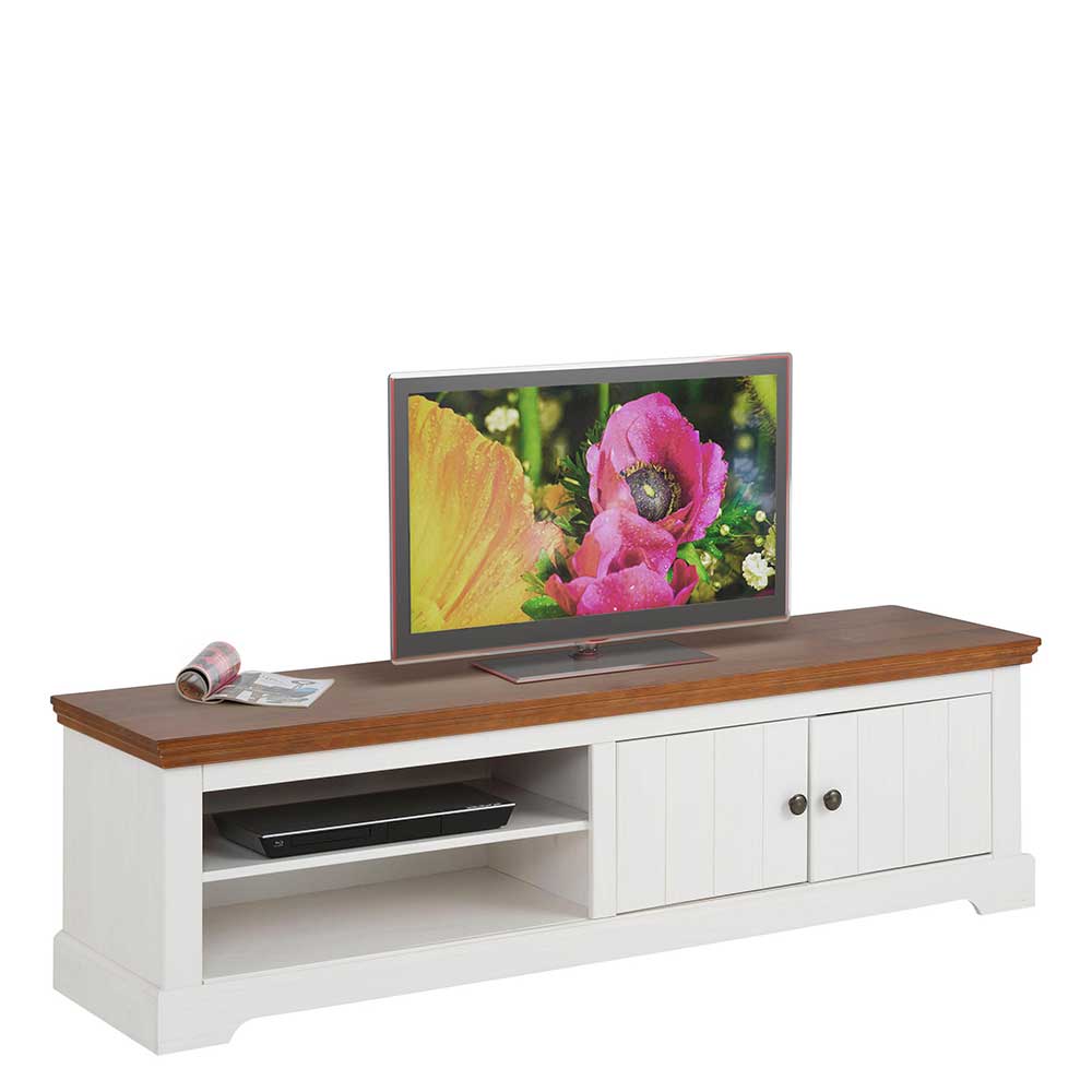 TV Board Sandrus in Weiß und Walnussfarben aus Kiefer Massivholz