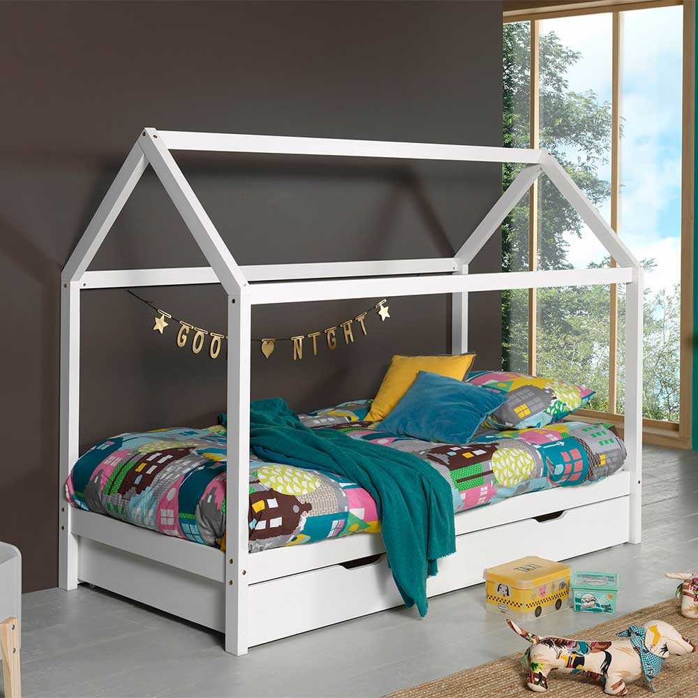 Haus Kinderzimmer Bett Fenya in Weiß aus Kiefer Massivholz