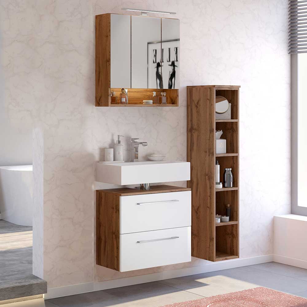 Badezimmer Möbel Kombi Vidorella in Weiß und Wildeichefarben (dreiteilig)