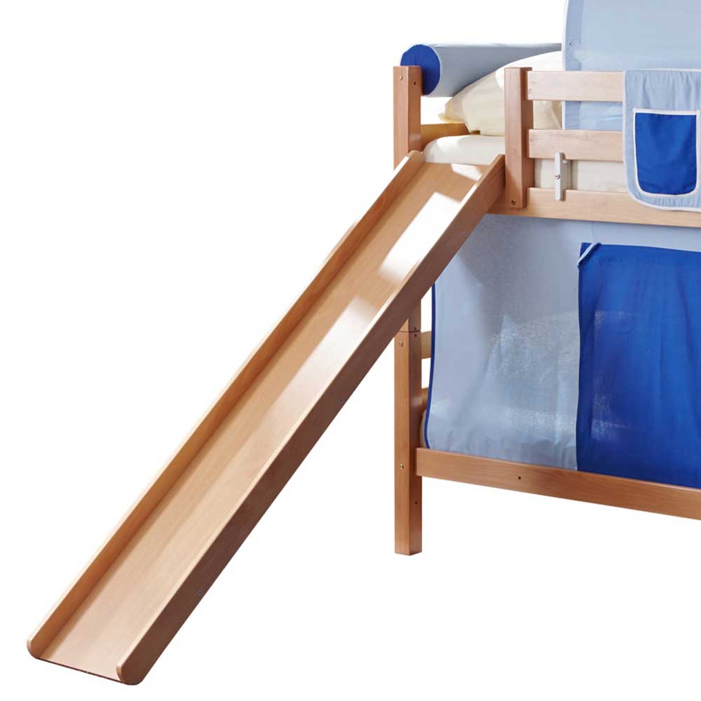 Kinderzimmer Etagenbett Tannilo aus Buche Massivholz mit Rutsche und Vorhang in Blau