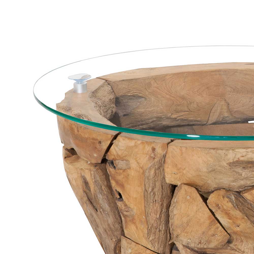 Design Couchtisch Mundary aus Teak Recyclingholz mit runder Glasplatte