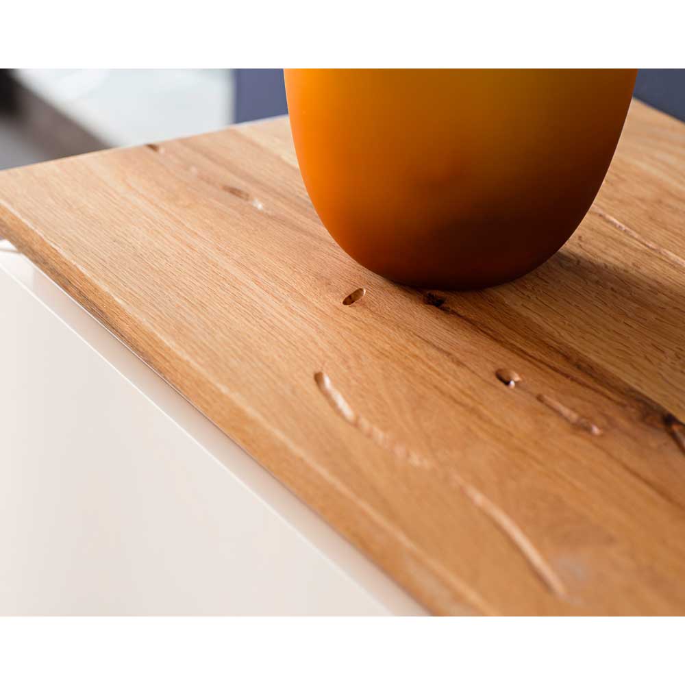 Design Sideboard Dentura in Weiß mit Asteiche Massivholz grifflos
