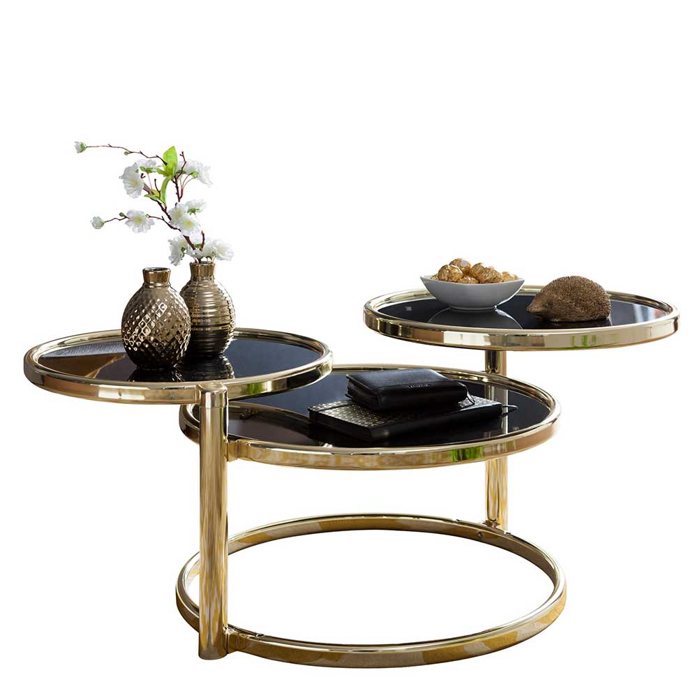 Sofa Glastisch Andiano mit drei runden Platten in Schwarz und Goldfarben