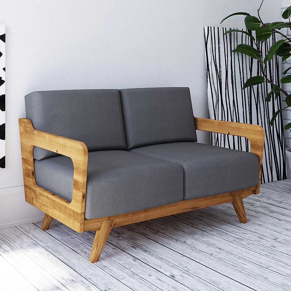 Retro Couch Carilla in Hellgrau Webstoff und Wildeiche Massivholz