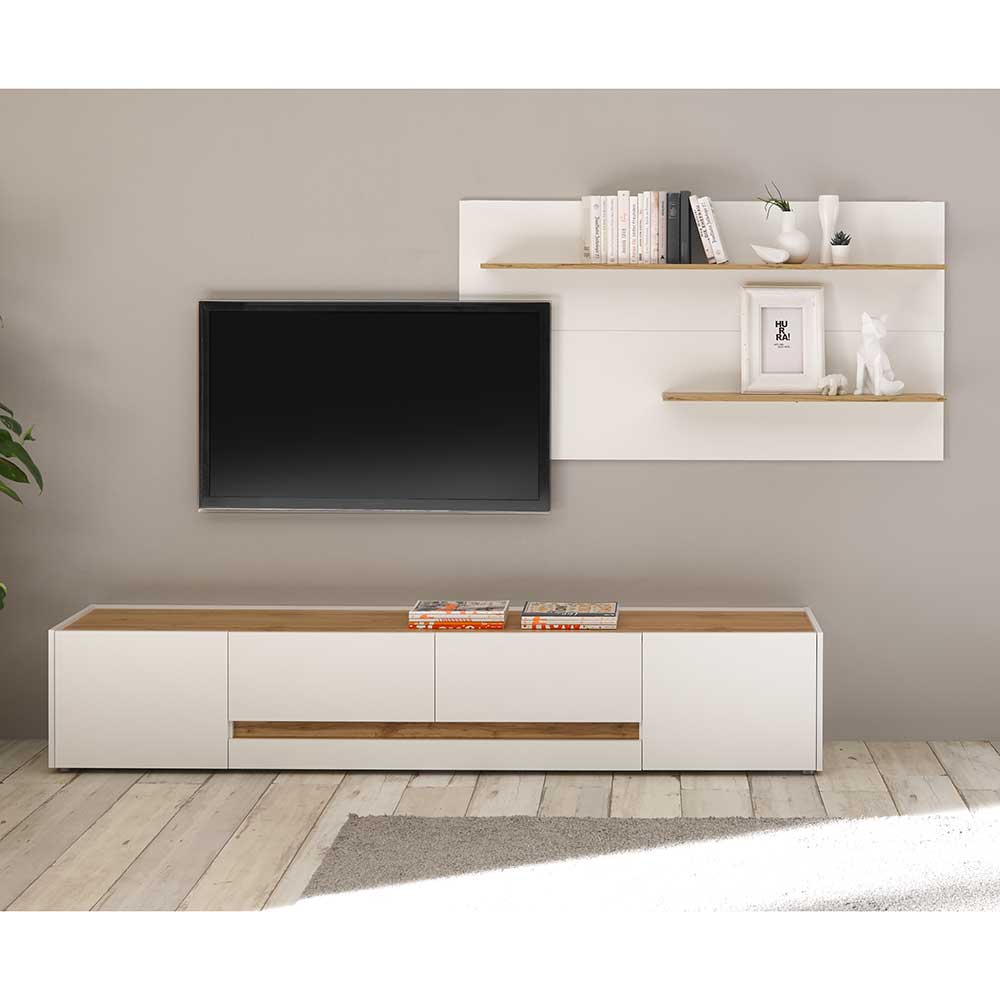 Kompakte Wohnwand Rascian in Wildeichefarben und Weiß mit TV Lowboard (zweiteilig)