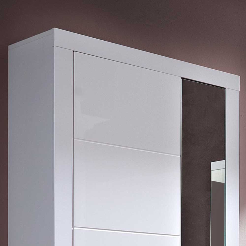 Hochglanz Garderobenschrank Tarragona in Weiß geriffelt mit Spiegel