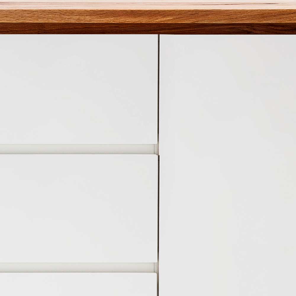 Design Sideboard Dentura in Weiß mit Asteiche Massivholz grifflos