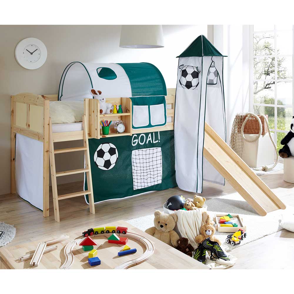 Kinderbett Haboron aus Kiefer Massivholz und Webstoff mit Fußball Motiv