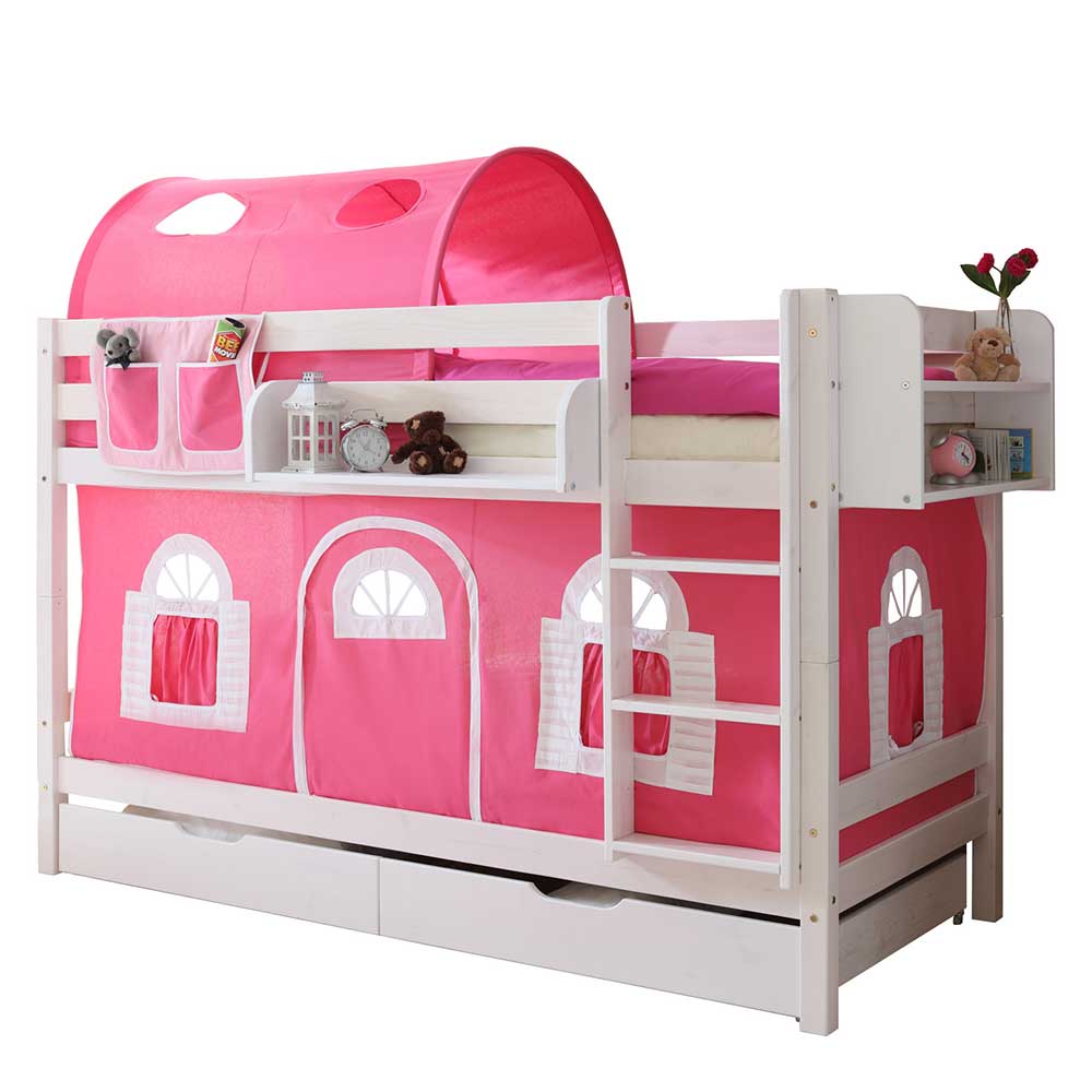 Kinderzimmerbett Sligo aus Kiefer Massivholz in Weiß und Webstoff in Pink