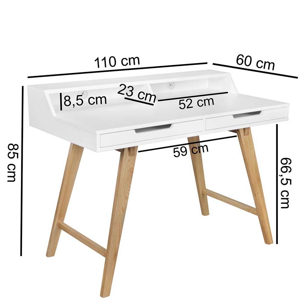 Skandi Design Schreibtisch Salverna in Weiß und Eiche mit Kabeldurchlass