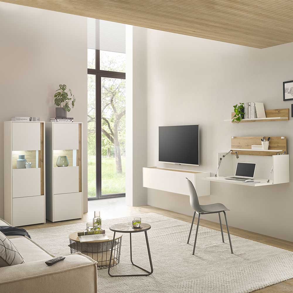 Moderne Design Wohnwand Rascian in Weiß und Wildeichefarben (fünfteilig)