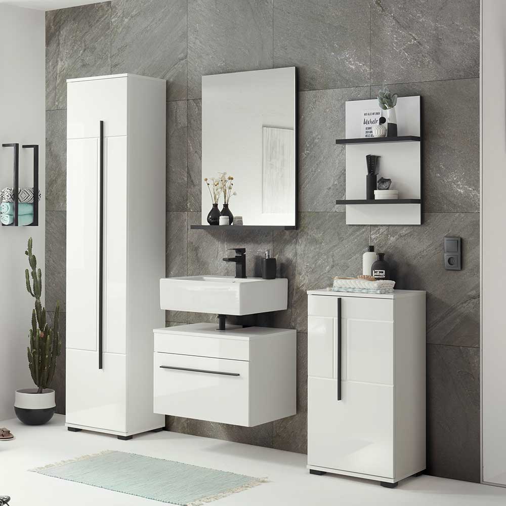 Badezimmermöbelset Fricossa in Weiß hochglänzend mit Spiegel (fünfteilig)