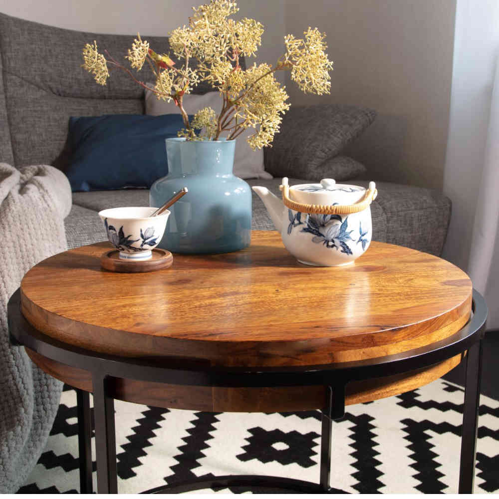 Runder Sofa Tisch modern Alriga aus Sheesham Massivholz und Metall