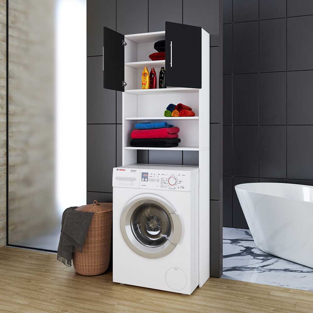 Waschmaschinen Schrank Bregenza in Weiß und Schwarz 190 cm hoch